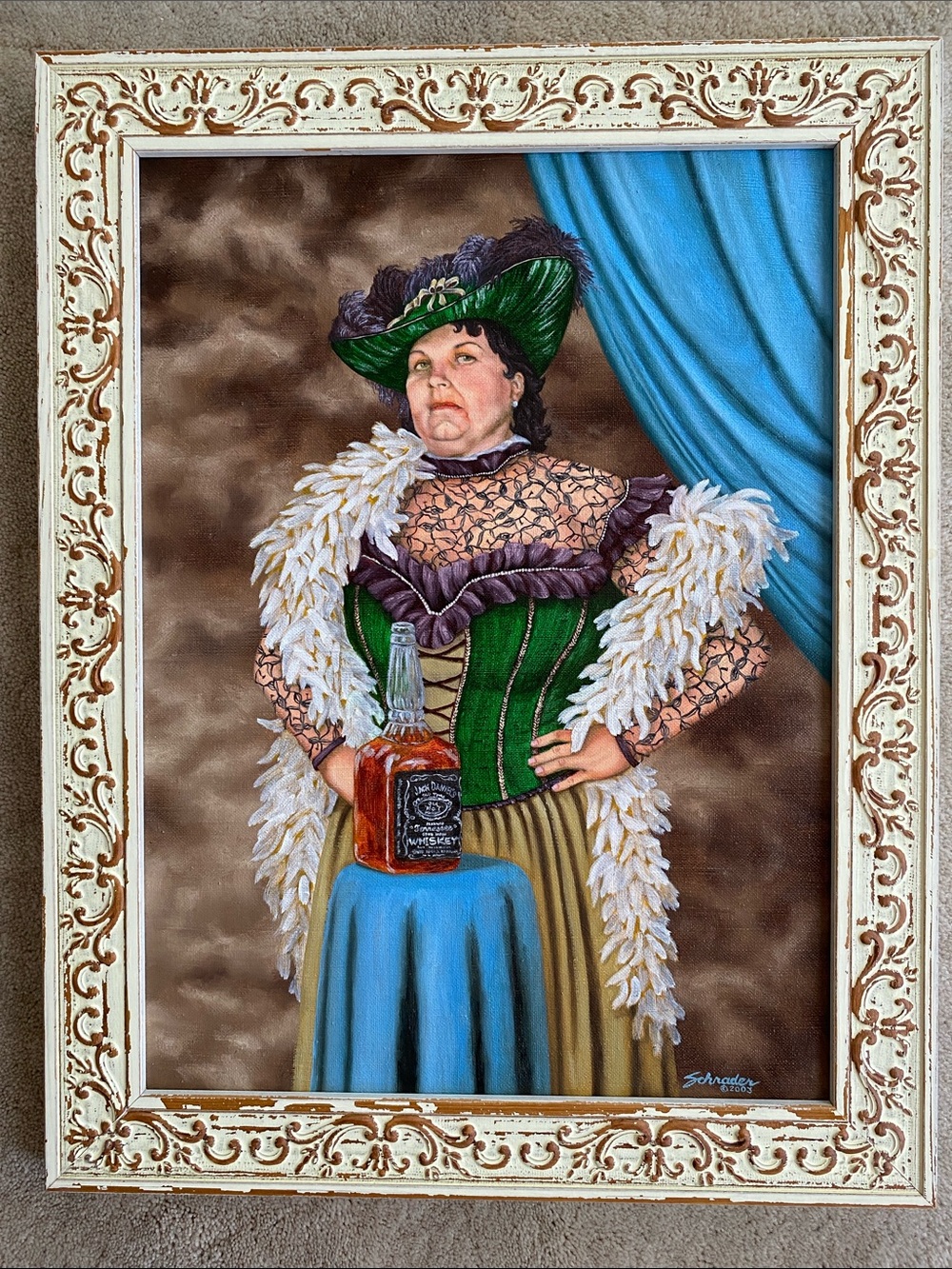 Original oil painting “Bug Momma” Portrait Art Print in Green and Blue